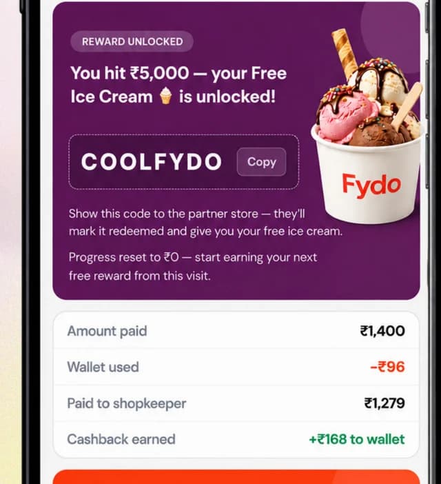 A customer screen showing reward unlocked, amount paid, wallet used and cashback earned.