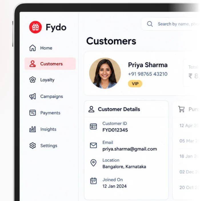 The Fydo customer list on a laptop, with the menu, a customer profile and customer details.