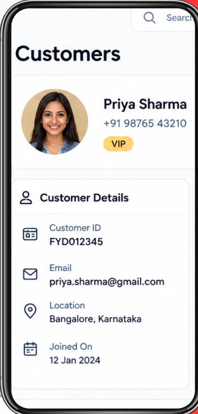 A customer profile on the Fydo Partner app on a phone.