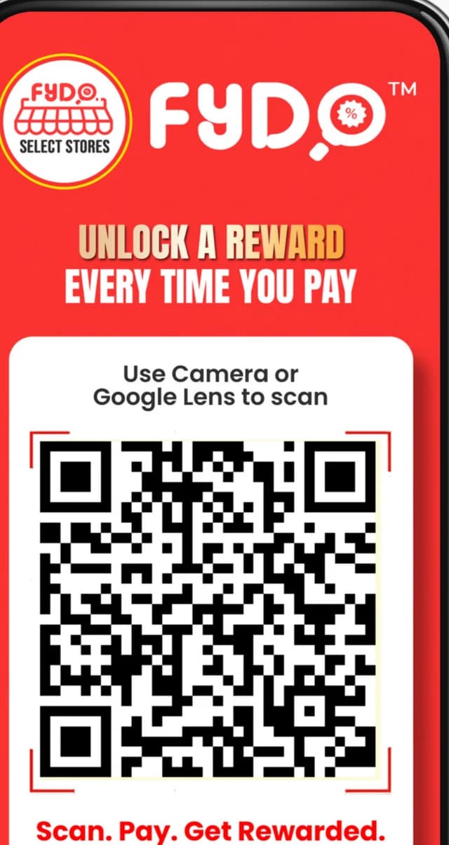 A Fydo QR poster that says Unlock a reward every time you pay.